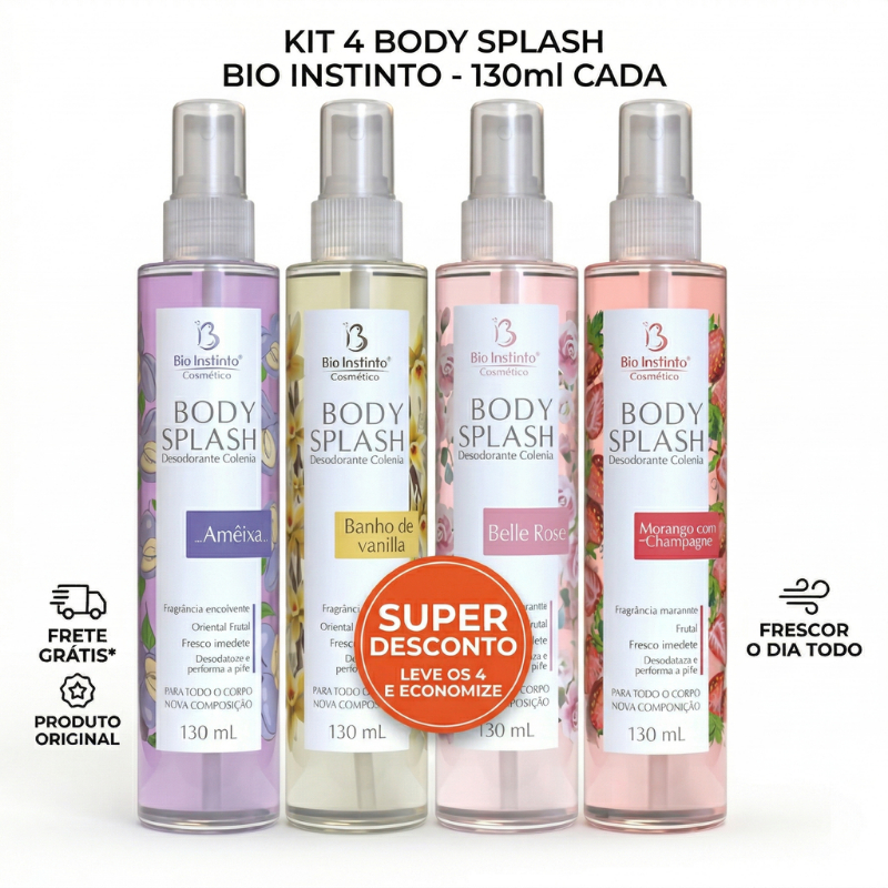 Kit C/4 BODY SPLASH Desodorante Corporal Colônia Perfume Fragrância Irresistível Bio instinto 130ML