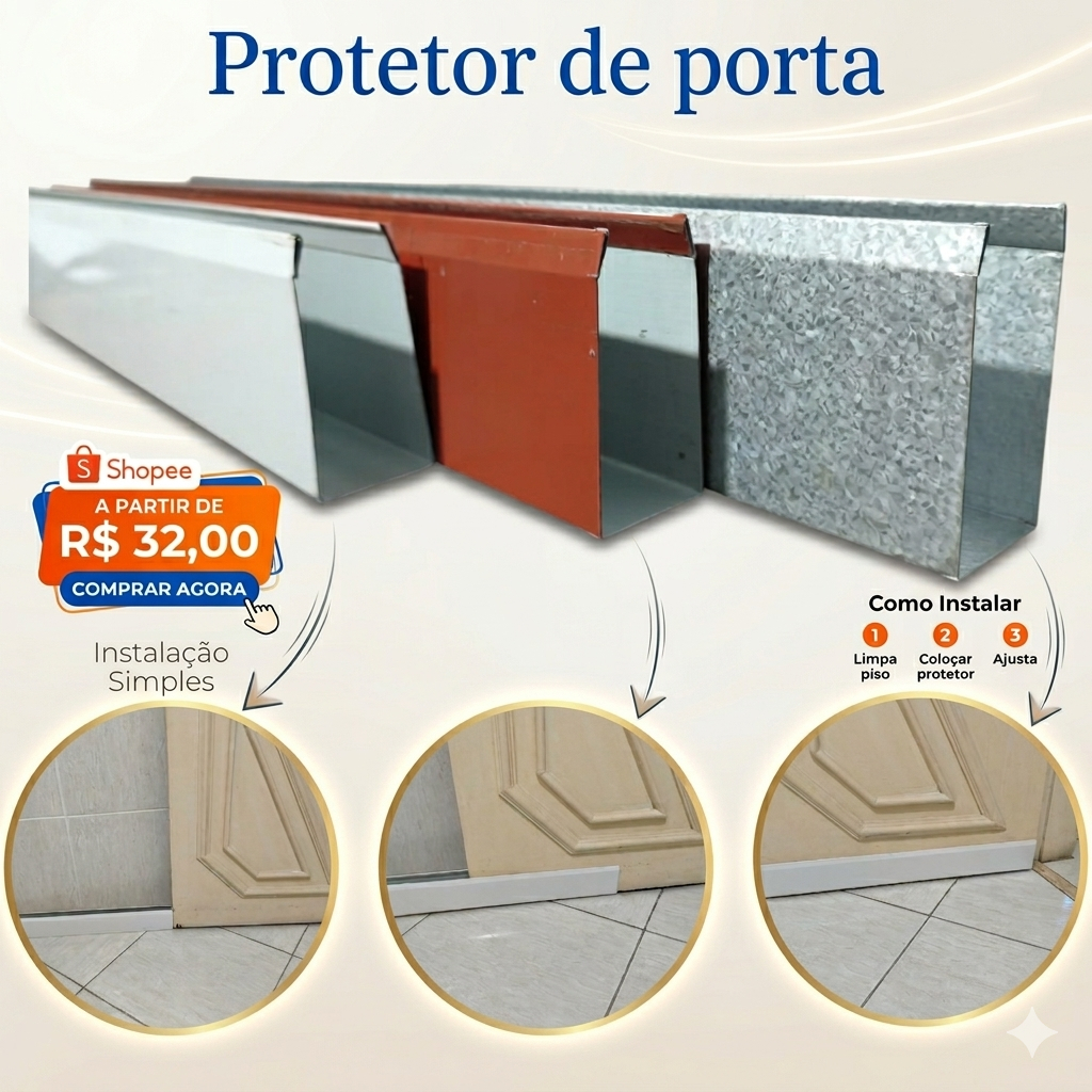 Protetor de Porta de Chapa Galvanizada Salva Porta 7,5cm x 60cm, 70cm, 80cm e 90cm – Branco, Marrom ou Galvalume