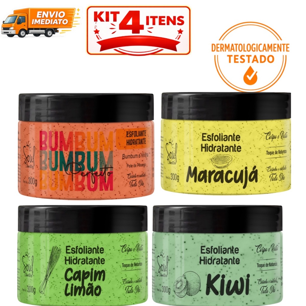 kit 4 ESFOLIANTE FACIAL E CORPORAL , HIDRATA E RENOVA A PELE, LIMPEZA PROFUNDA , DERMATOLOGICAMENTE TESTADO , 300 G