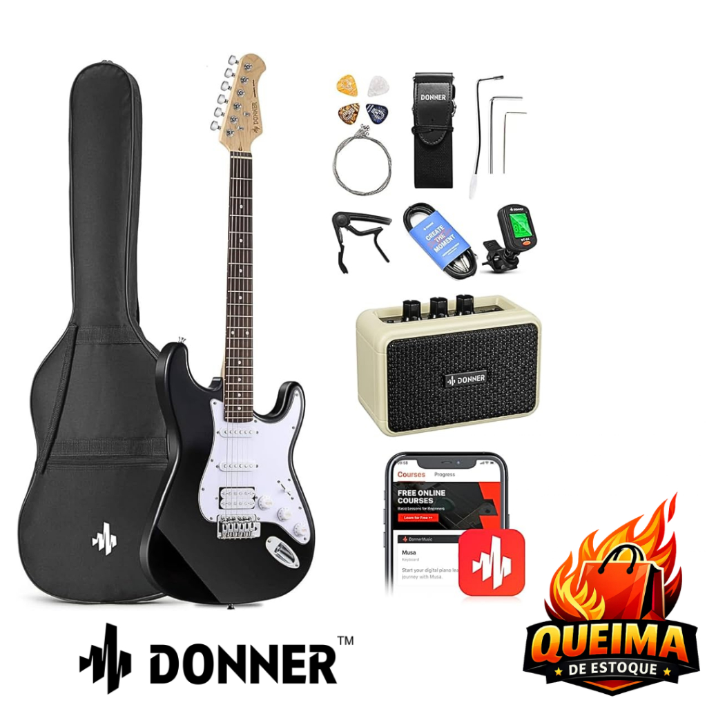 Única Unidade - Kit DONNER Guitarra + Mini Amplificador + Bag + Acessórios