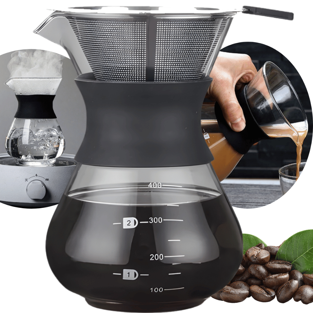 Cafeteira Vidro Coador Café Aço Inox Anel Silicone 400 Ml Manual Filtro Coar Passar Café da Manhã