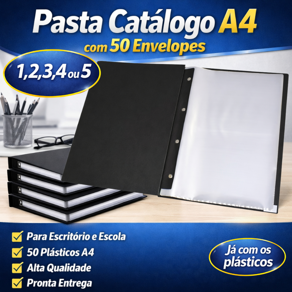 Pasta Catálogo  Preta  A4 - 50 Envelopes 0,06 Qualidade ACP - Preta Resistente com plásticos