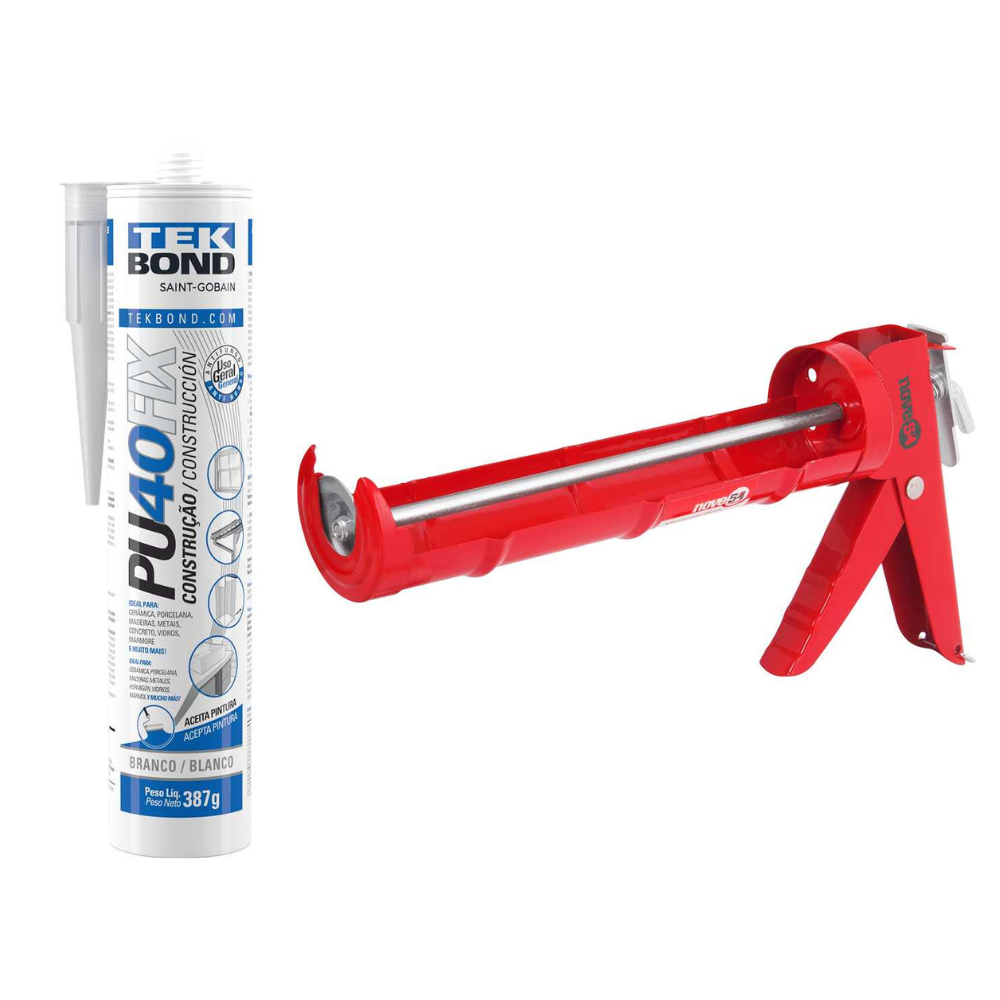 Kit PU 40 Branco 387g Tekbond + Pistola Aplicadora Selante Metálica