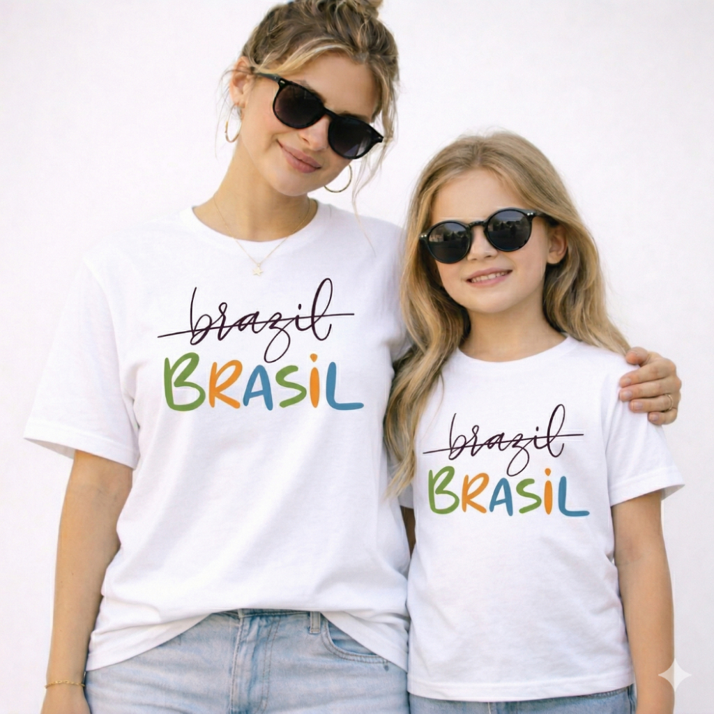 Camiseta Brasil Estilo Casual Infantil e Adulto Camisa Brasil Família Mãe e Filha Unissex