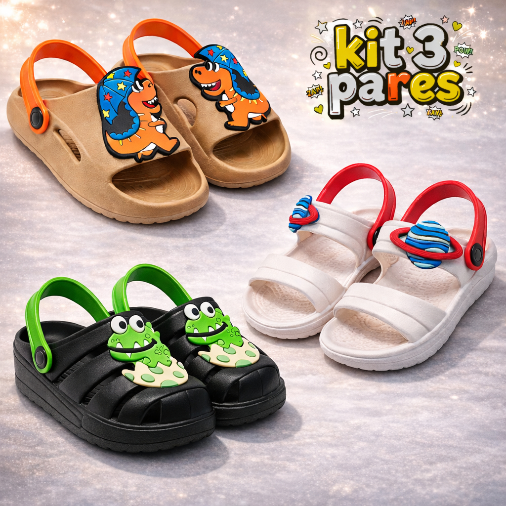 Kit 3 Pares Sandália Papete Infantil Menino Leve e Confortável