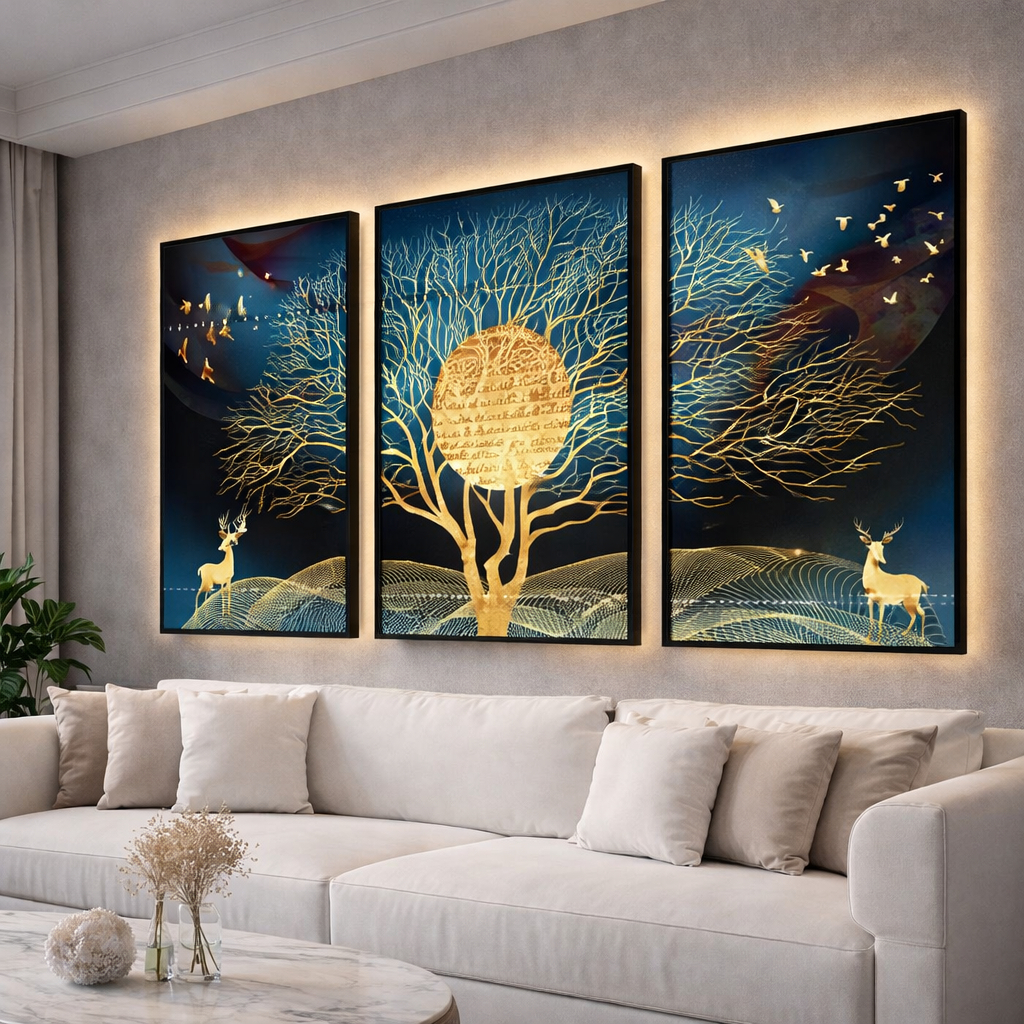 Quadros Decorativos Cervo Pintura Gold Árvores Natureza Abstrato Moldura Top Para Quarto Sala