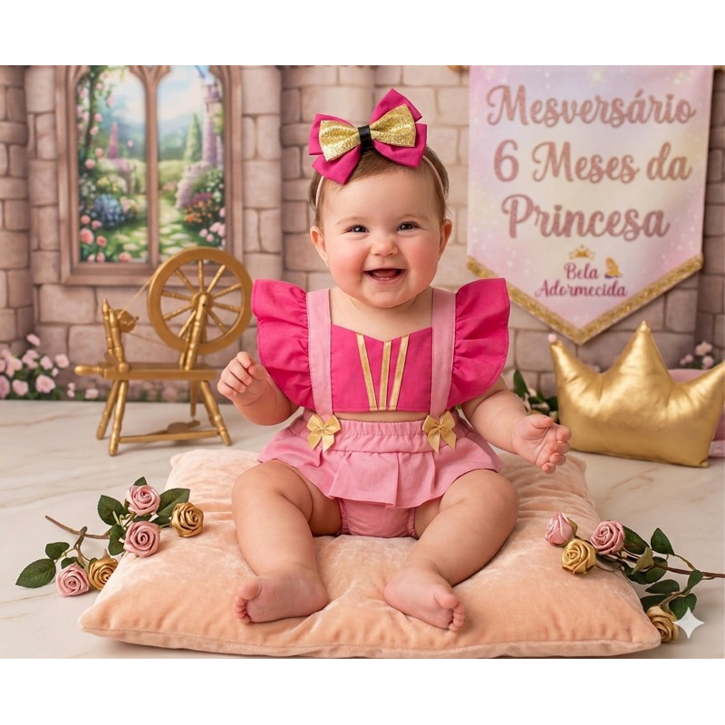 Romper Body Bebê Princesa Bela Adormecida Aurora + Laço