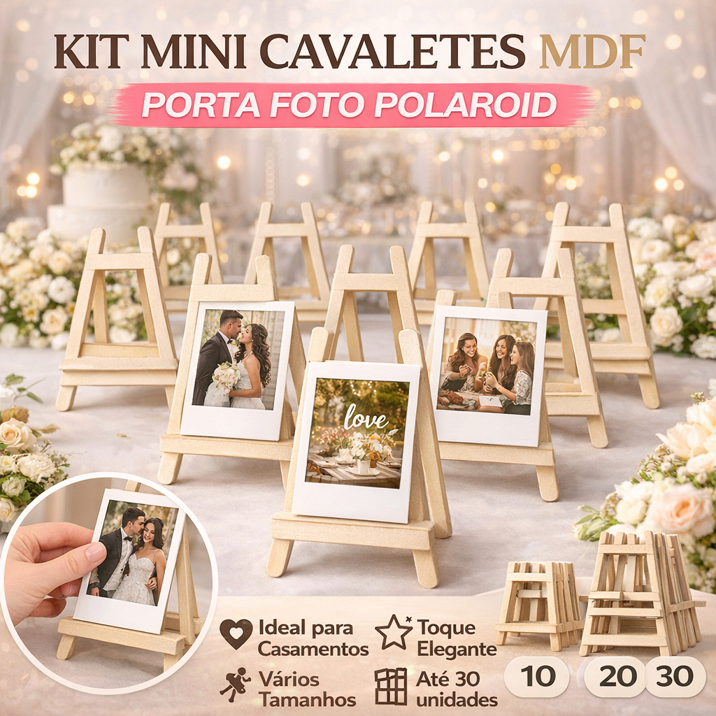 Kit Mini Cavalete MDF Porta Foto Polaroid Decoração Mesa Festa Casamento Lembrancinha