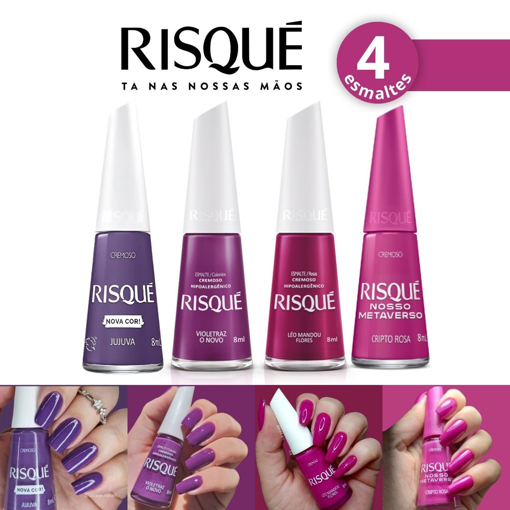 Kit 4 Esmalte Risqué Cremoso Tons  Roxos Esmaltes Atacado