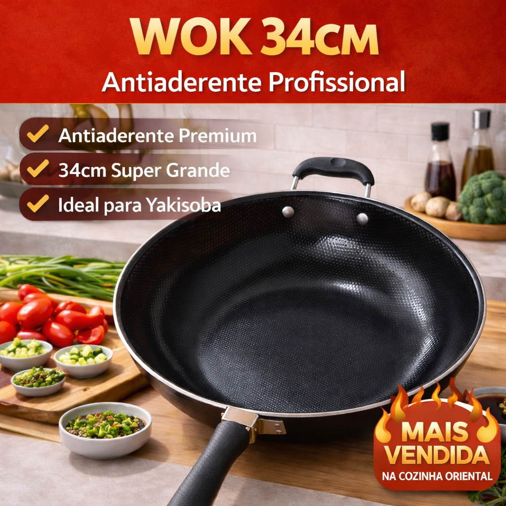 Imagem Frigideira Wok 34cm Antiaderente Profissional Wok Grande Para Yakisoba Refogar Legumes Carne Cozinha