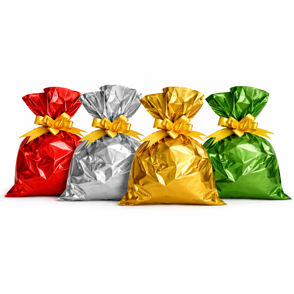 100 Sacos de Presente Metalizados 15x22cm + Laço Magico Brinde Lembrancinha Festa Oferta