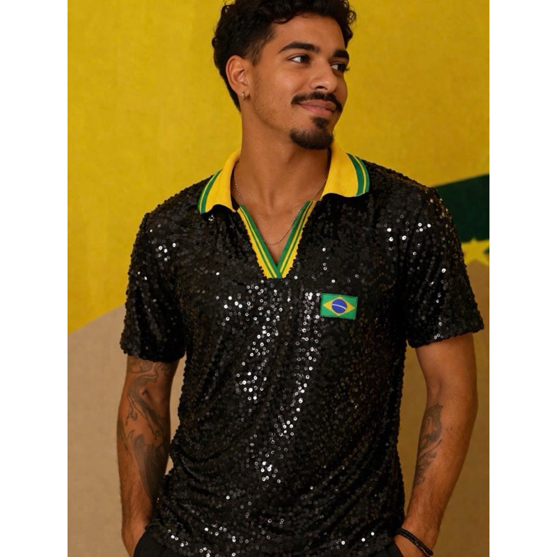 Camisa Preta Camiseta Blusa Feminina Paête Lantejoula Brasil Copa do Mundo Polo Gol