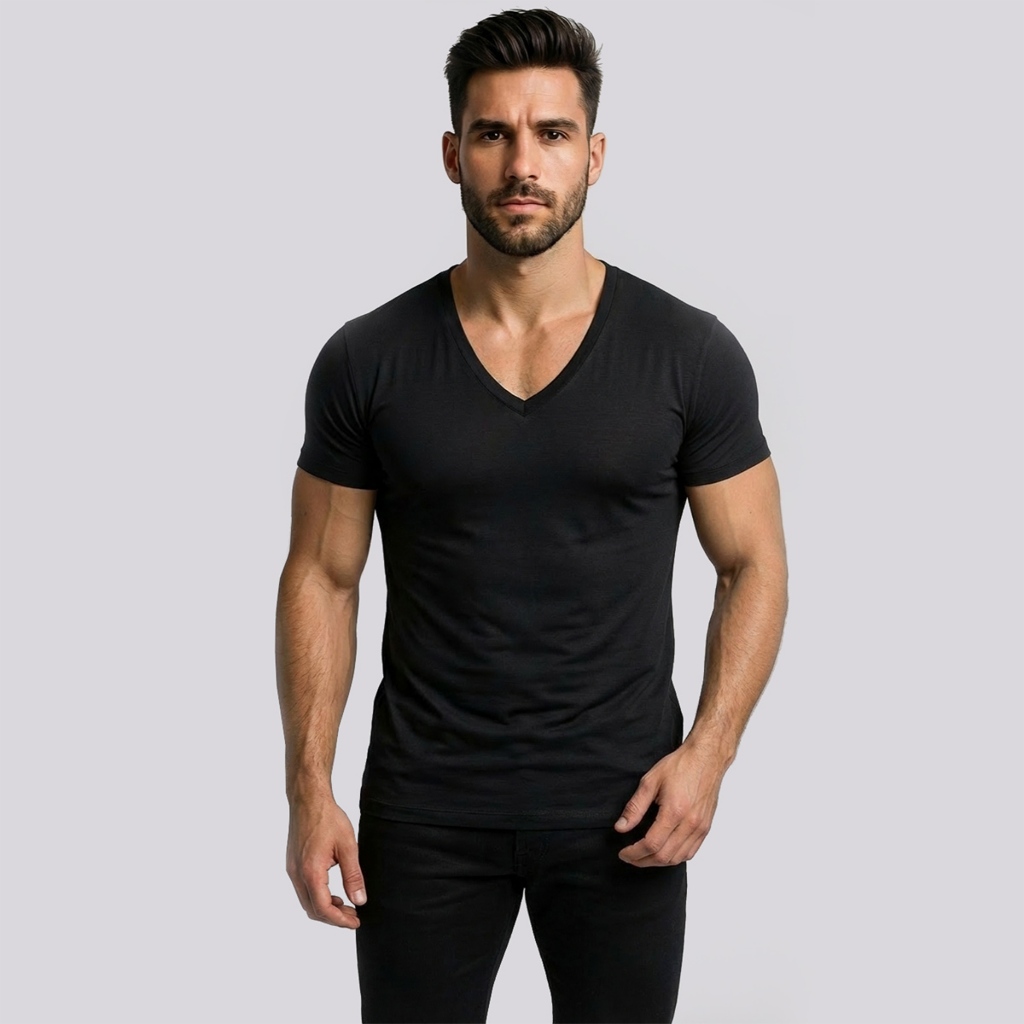 Camisa Gola V Cavada Masculina Camiseta Decotada Manga Curta Viscose Elastano Modelagem Slim