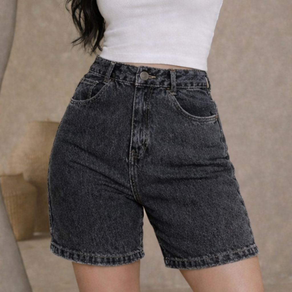 Bermuda Short Jeans Feminino Preto Estonado Confort Premium