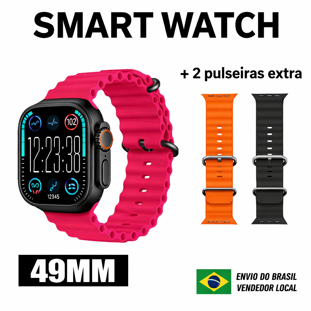 Smart Watch Rosa Feminino 49mm + Pulseiras Extra Bluetooth Fitness Moda EleganteSuper Amoled 2026 com whasap