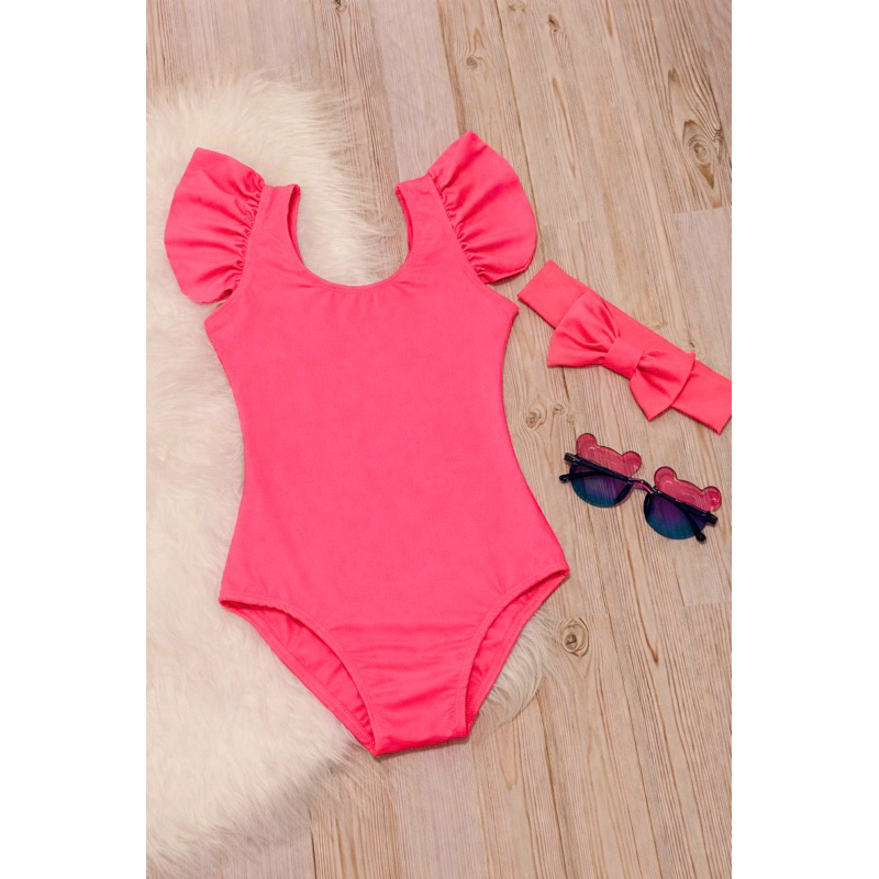 ☀️ Maiô Infantil Feminino com Babados + Laço | Rosa Neon | Moda Praia Menina Verão