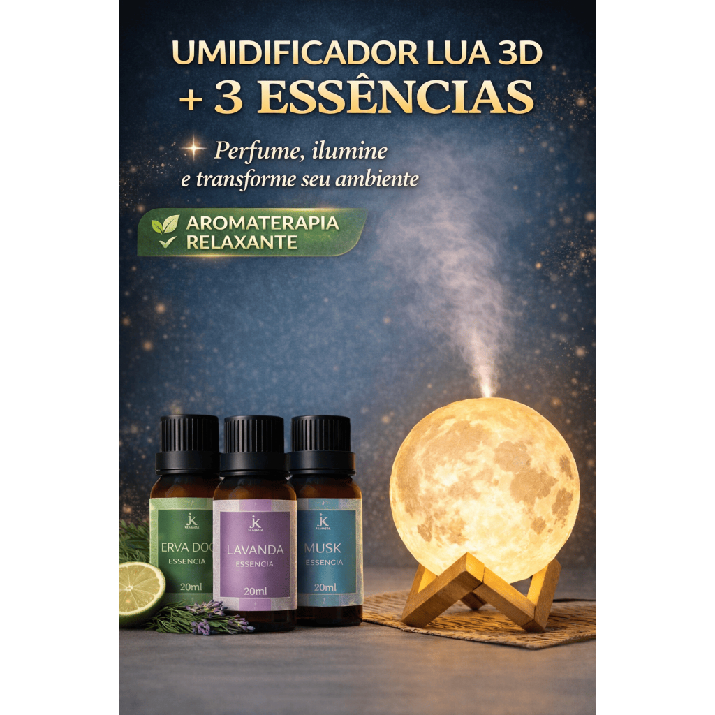 Umidificador de Ar e Luminária Lua LED Aromatizador + 3 Óleos Essenciais 3em1 Difusor de Ar