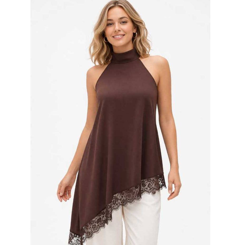 BLUSA BATA FEMININA ELEGANTE GOLA ALTA ASSIMÉTRICA DE RENDA
