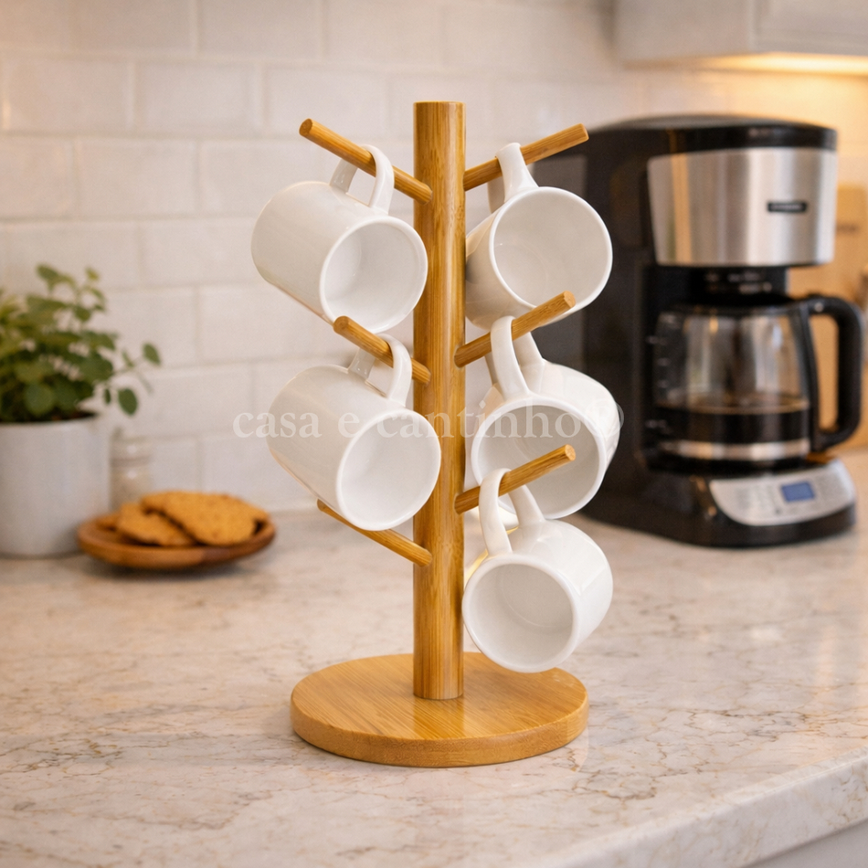 Suporte Organizador Porta Xicara Caneca Copo Bambu/Madeira para Cozinha Cantinho do Café Chá