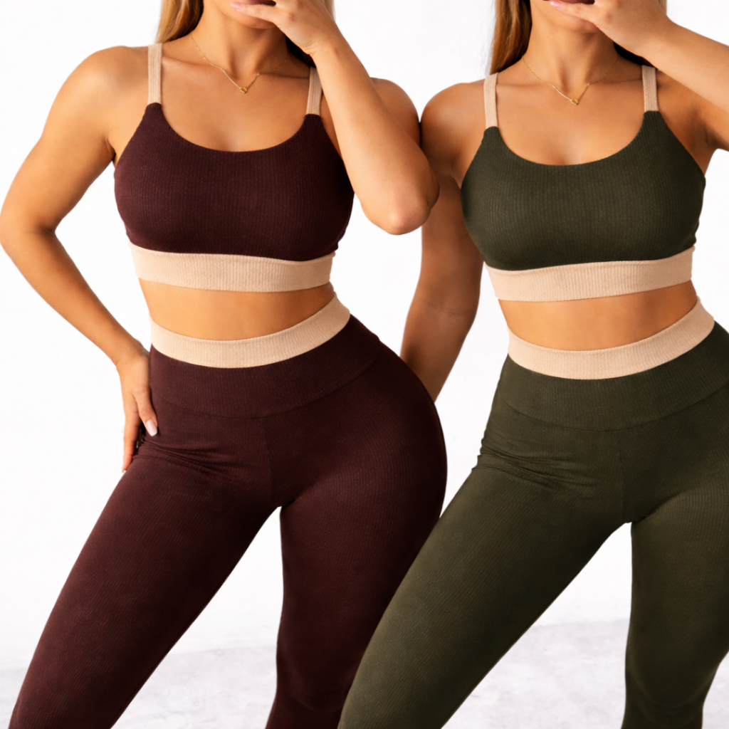 Kit 2 Conjuntos Fitness Feminino Tecido Anarruga Canelado Premium Top + Calça Para Academia
