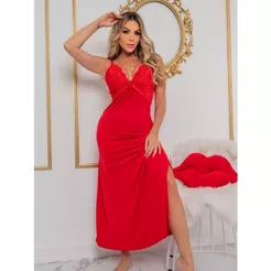 Camisola Longa Sensual Noiva Lua De Mel Lingerie Feminina com Fenda na Lateral chá de lingerie