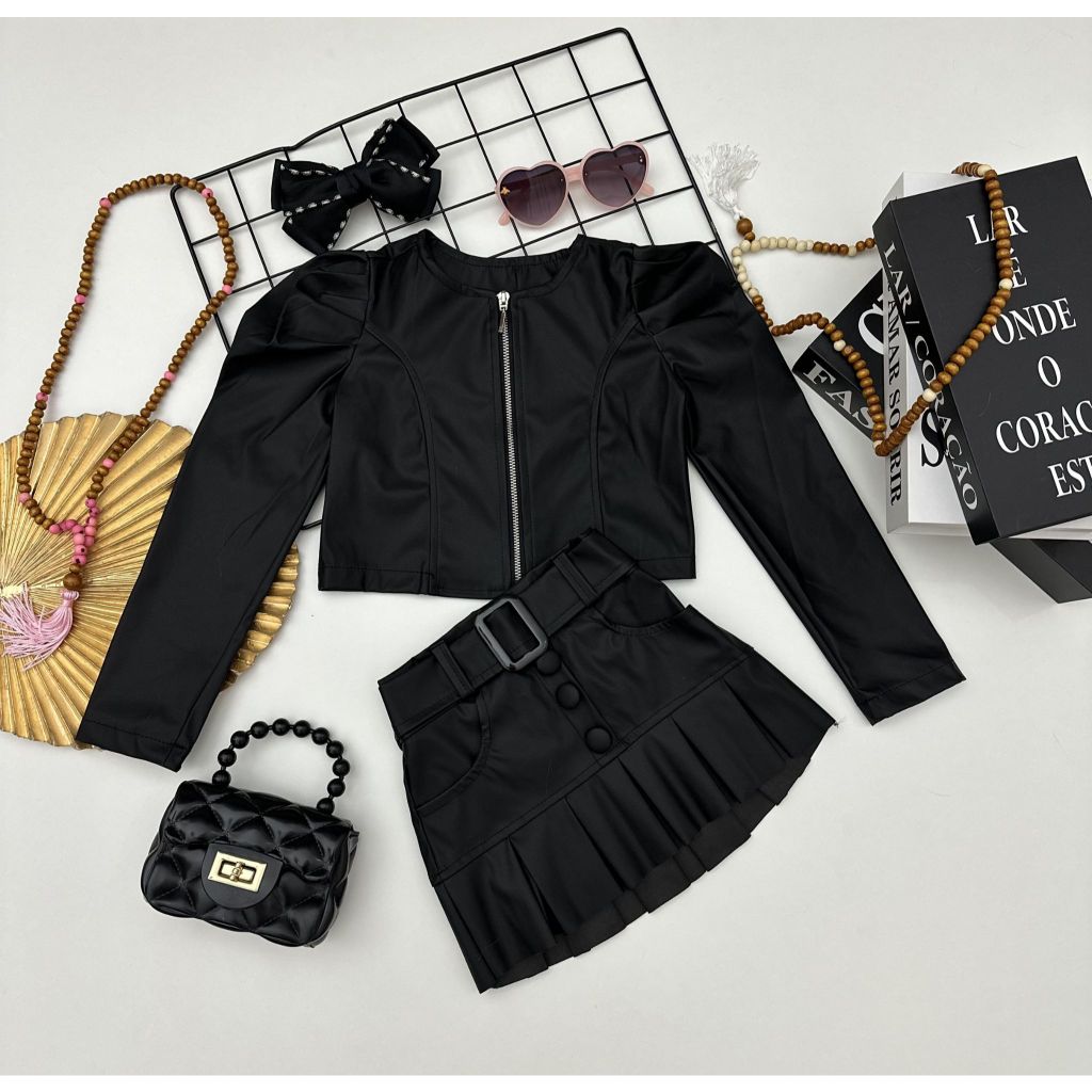 Conjunto Infantil Blogueirinha Jaqueta Com Ziper E Short Saia Courino Laço E Cinto Menina Outono Inverno Moda Fashion