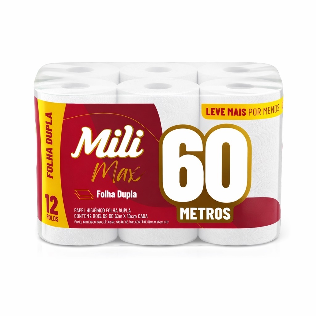 Papel Higiênico Mili  60m Folha Dupla  Neutro -12 rolos