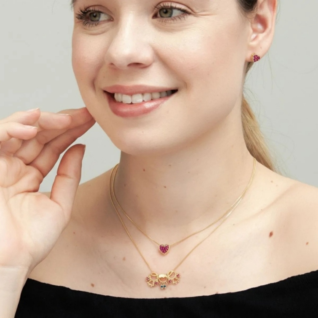 Colar Coração + Colar Com 03 Pingentes Filhos(as) Banhado A Ouro 18k Com Garantia