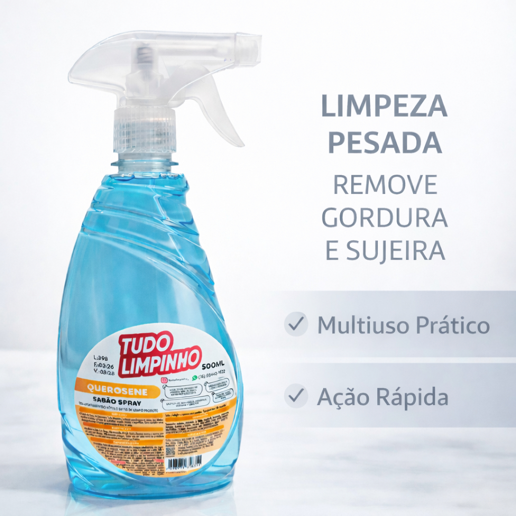 Spray Sabão de Querosene Multiuso Desengordurante Limpeza Pesada Remove Gordura Tudo Limpinho 500ml