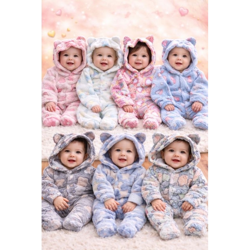 Kit 2 Macacão Bebê Fleece estampado 3D Inverno Quentinho Pelúcia Menino Menina Roupa Infantil Grossa