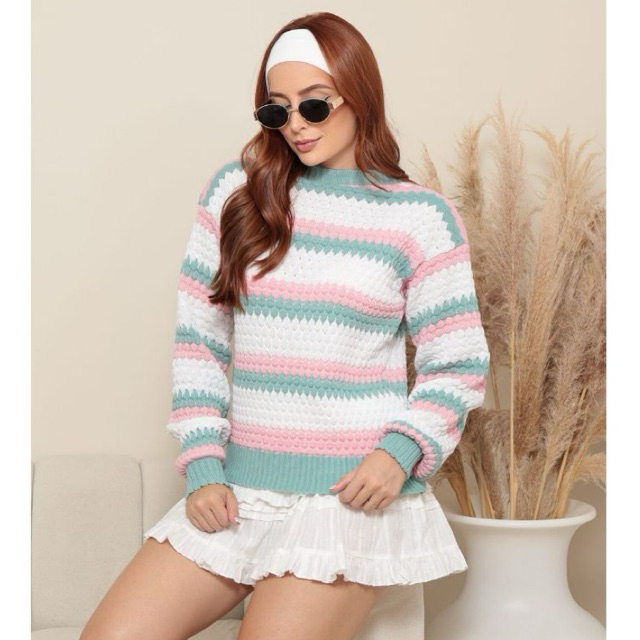 Blusa Feminina 3 Cores Bolhas Tricot Listrada Quentinha Inverno Roupa Feminina Moda Tricot Elegante