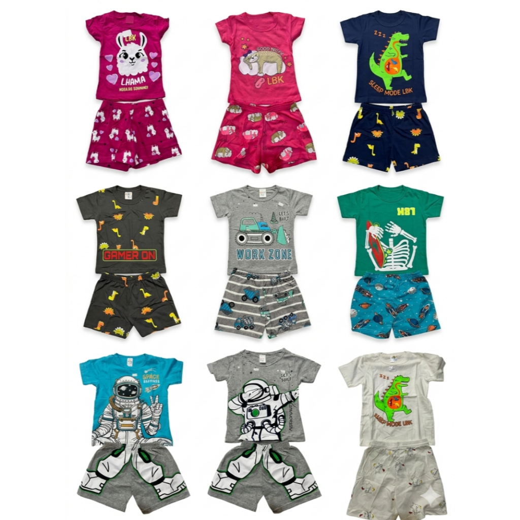 Kit Conjunto Infantil Verão - Pijama Curto Camiseta e Short Algodão - Estampas Divertidas Personagens LBK - Taman