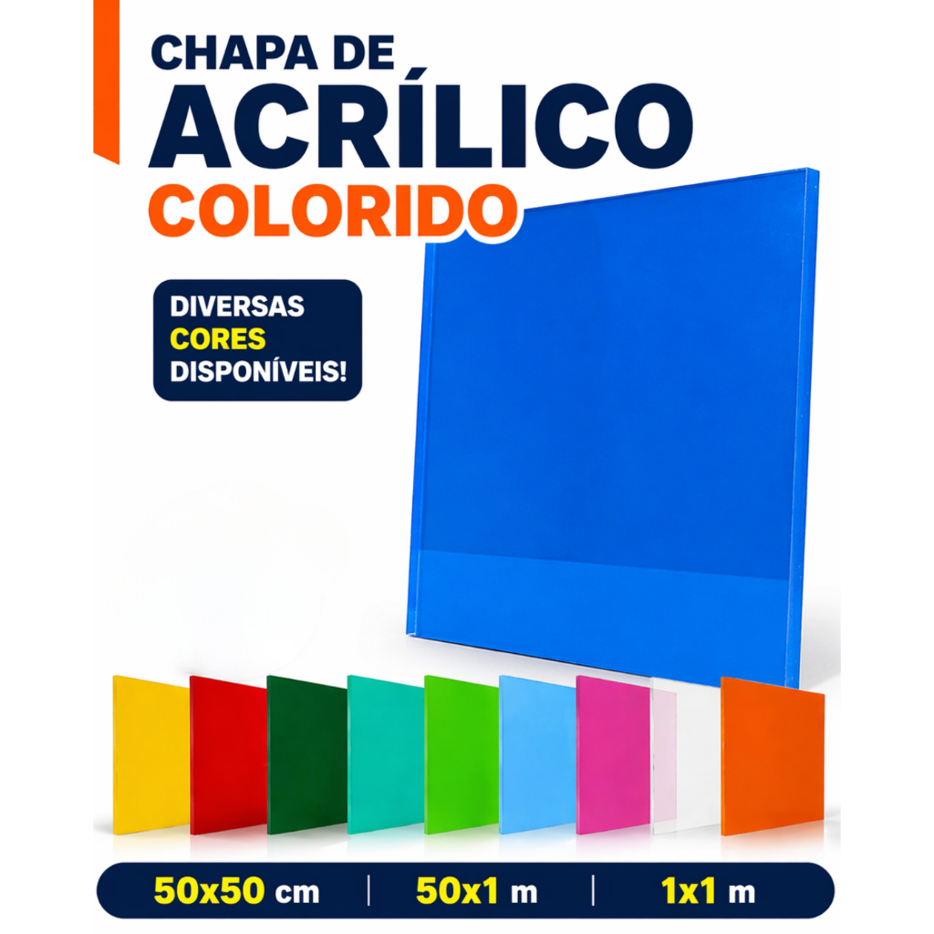 Acrílico Colorido Sólido 2mm. 50x50cm, 50x1m e 1x1m | Diversas Cores Disponíveis
