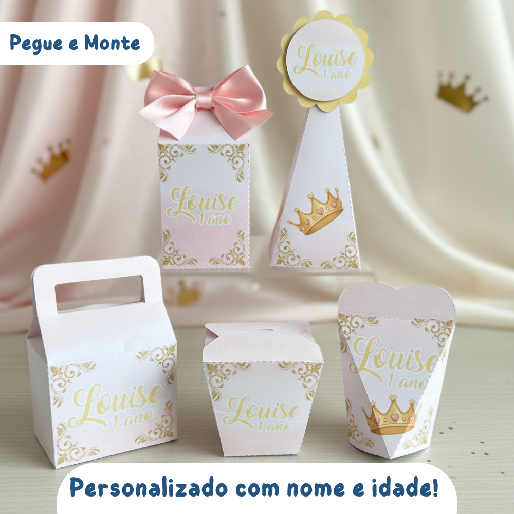 Kit Caixas Personalizada Princesa Rosa Pegue e Monte Lembrancinha Realeza Decoração  Festa Infantil