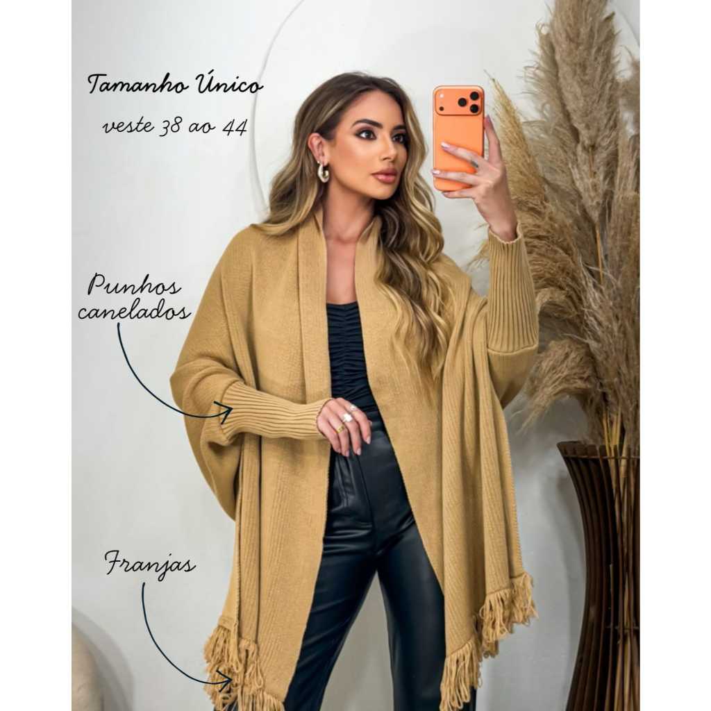 Poncho Tricô Feminino Capa com Franjas Manga Longa Inverno