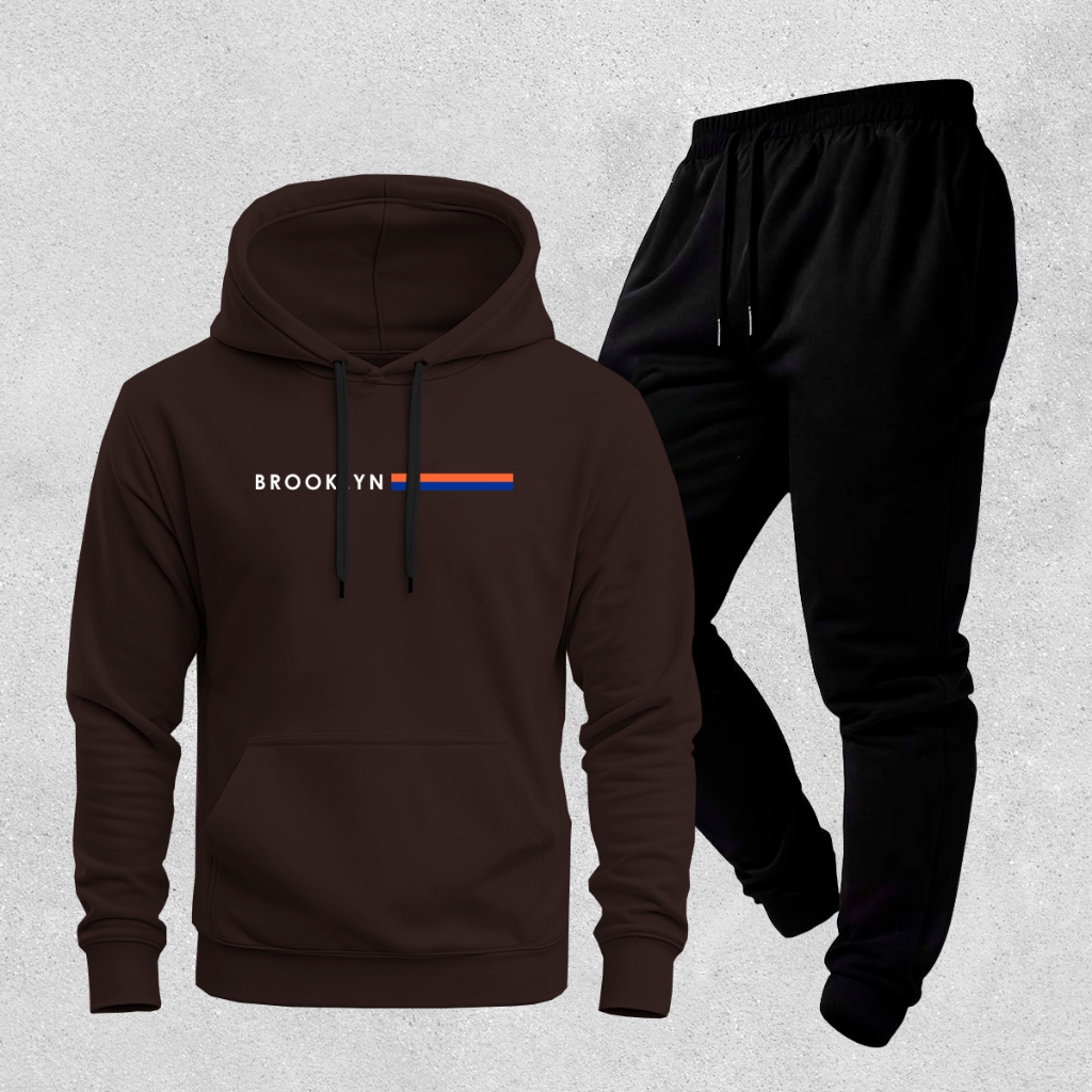 Conjunto Moletom Canguru Masculino Brooklyn + Calça Jogger Preta Estiloso Casual Confortável Inverno
