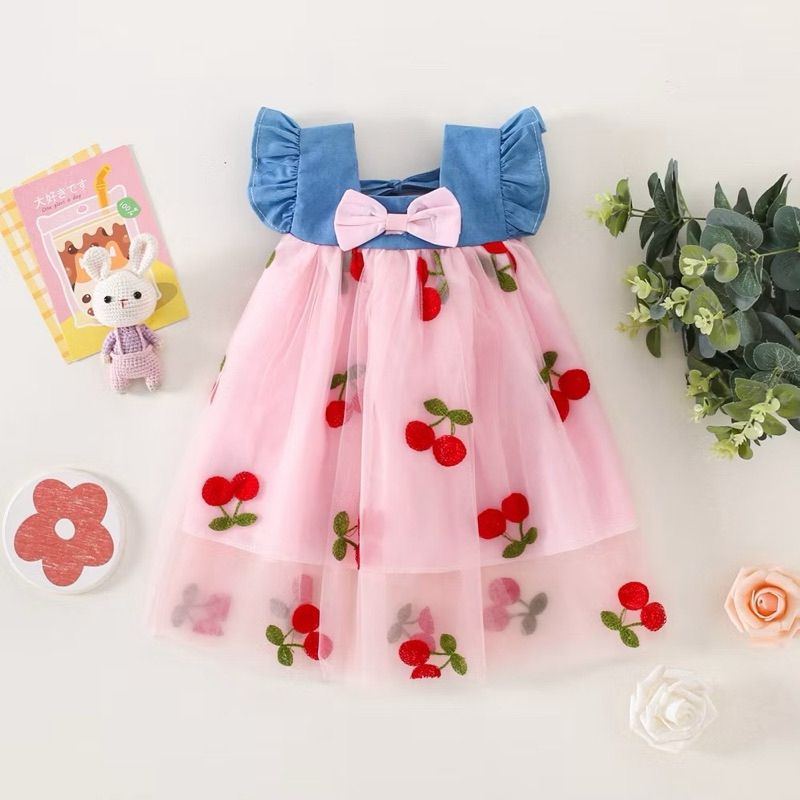 Macacão Jeans Coreano Flor De Cerejeira , Vestido Cereja Para Menina