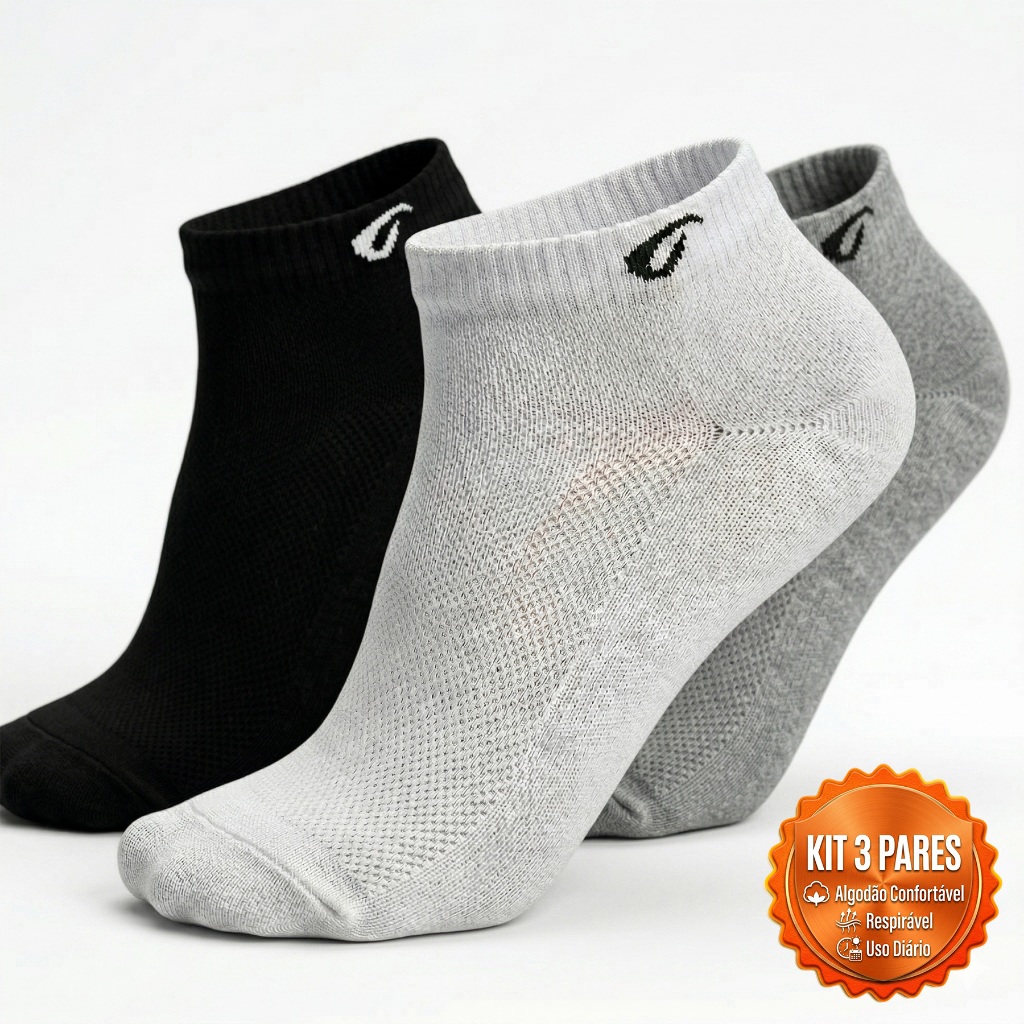 Kit 3 Pares de Meias Cano Curto Soquete Algodão Unissex 34/39 39/43 Syozbee