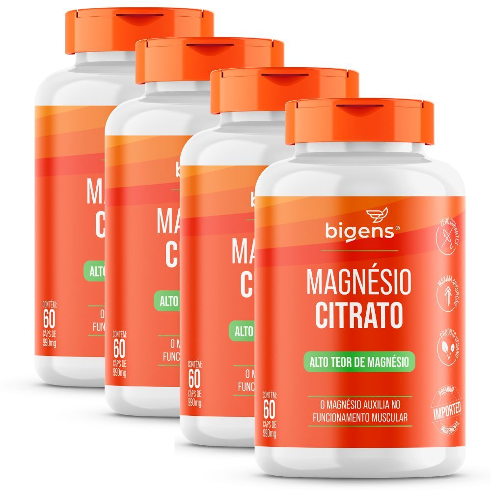 Kit 4x Bigens Magnésio Citrato 60 Cápsulas 260mg Alto Teor | Energia Muscular | Sono | Relaxamento