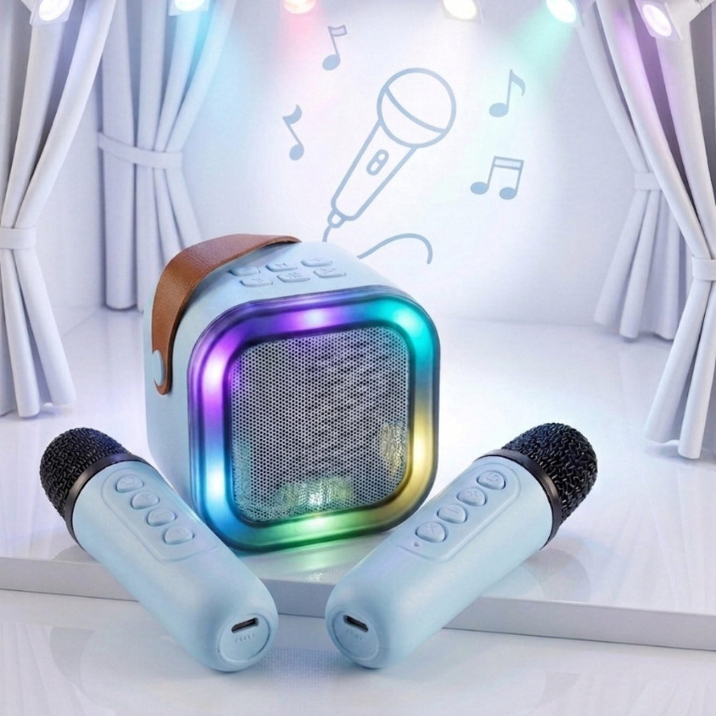 Caixinha Som Karaokê Infantil Com Led Bluetooth 2 Microfones
