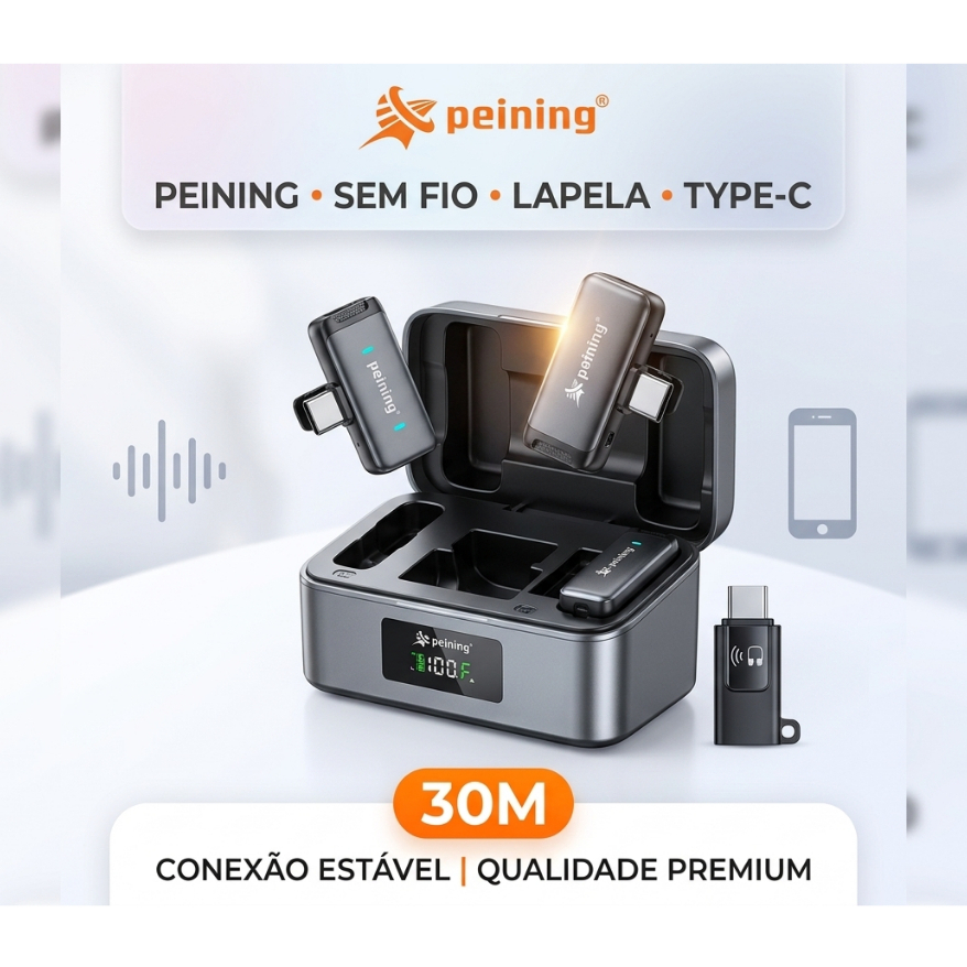 Microfone de Lapela Sem Fio Peining PEI-MKF12 p/ Celular Tipo-C 2.4GHz Case Carregamento 30M Alcance
