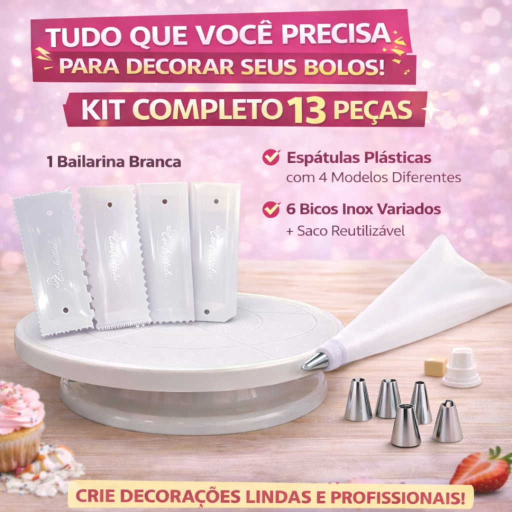 Kit Confeitaria 13 Peças Bailarina Bicos Inox Espátulas Saco Confeitar Profissional