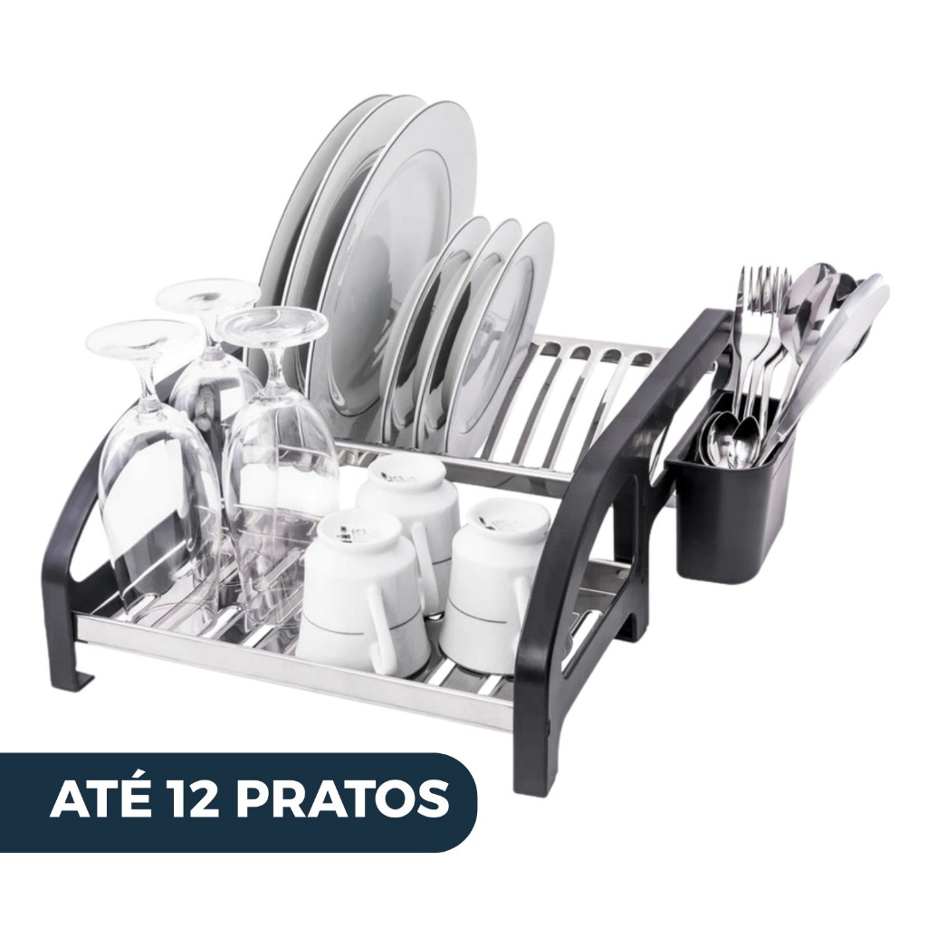 Escorredor de Louça 12 Pratos Preto em aço Inox Cama com Porta Talheres Pia Organizador Cozinha
