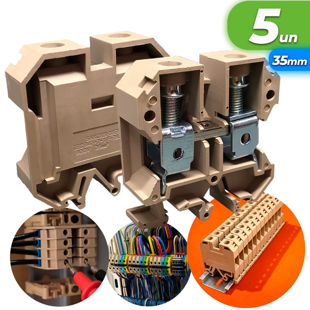 Kit 5 Conector Borne Sak 35mm Bege Saki Elétrico Fixação Trilho Din Conector Elétrico - Bege