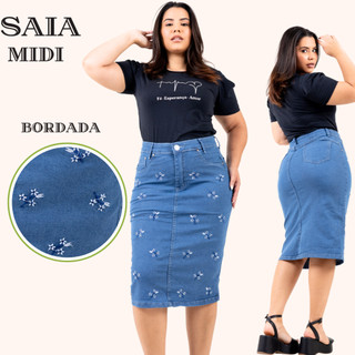 Saia Jeans Midi Evangelica Com Bordado Em Galhos Cintura Alta com Lycra Premium Na Cor Cristal