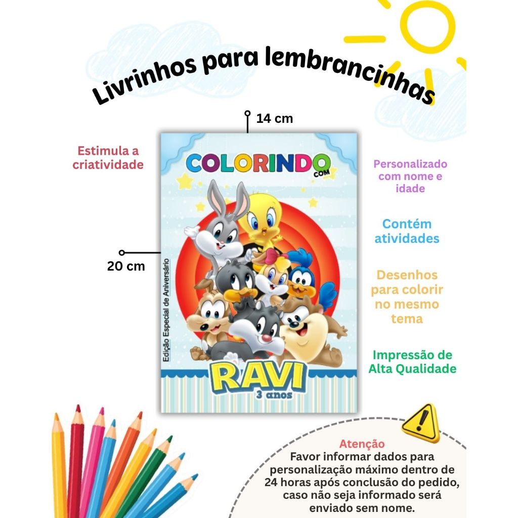 Livro de Colorir com Atividades Looney Tunes Baby Personalizado Lembrancinha de Aniversário Infantil - Todos os Temas