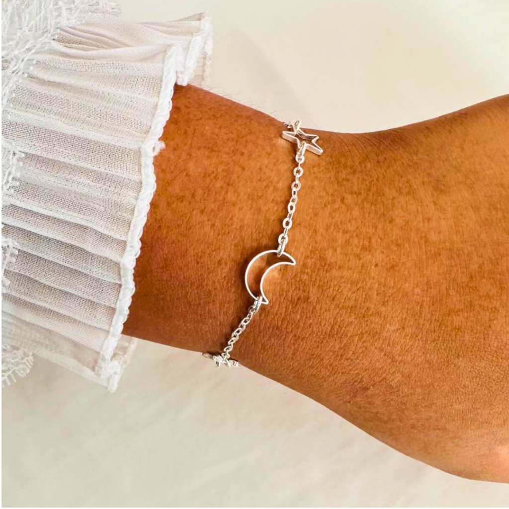Pulseira Corrente Lua e Estrela Vazada Folheada a Prata 925 Acessórios Femininas