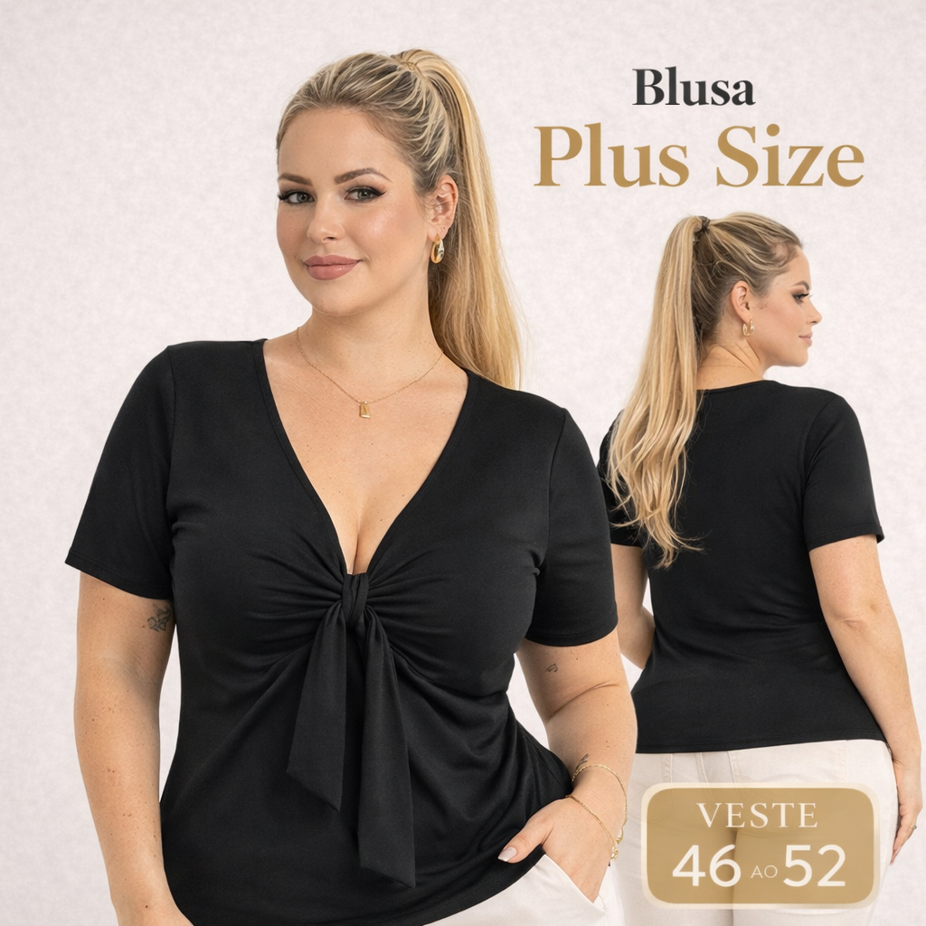 Blusa Plus Size Estilosa Nó no Busto Manga Curta Suplex Romantic 46 48 50 52