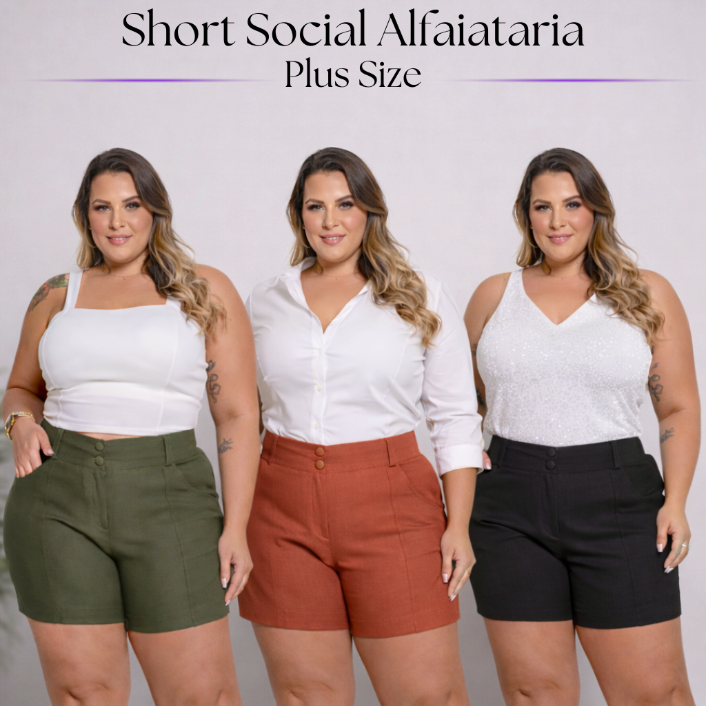 Shorts Social Plus Size Feminina Com 2 Botões Cintura Alta Alfaiataria Tecido Bengaline 42 ao 52