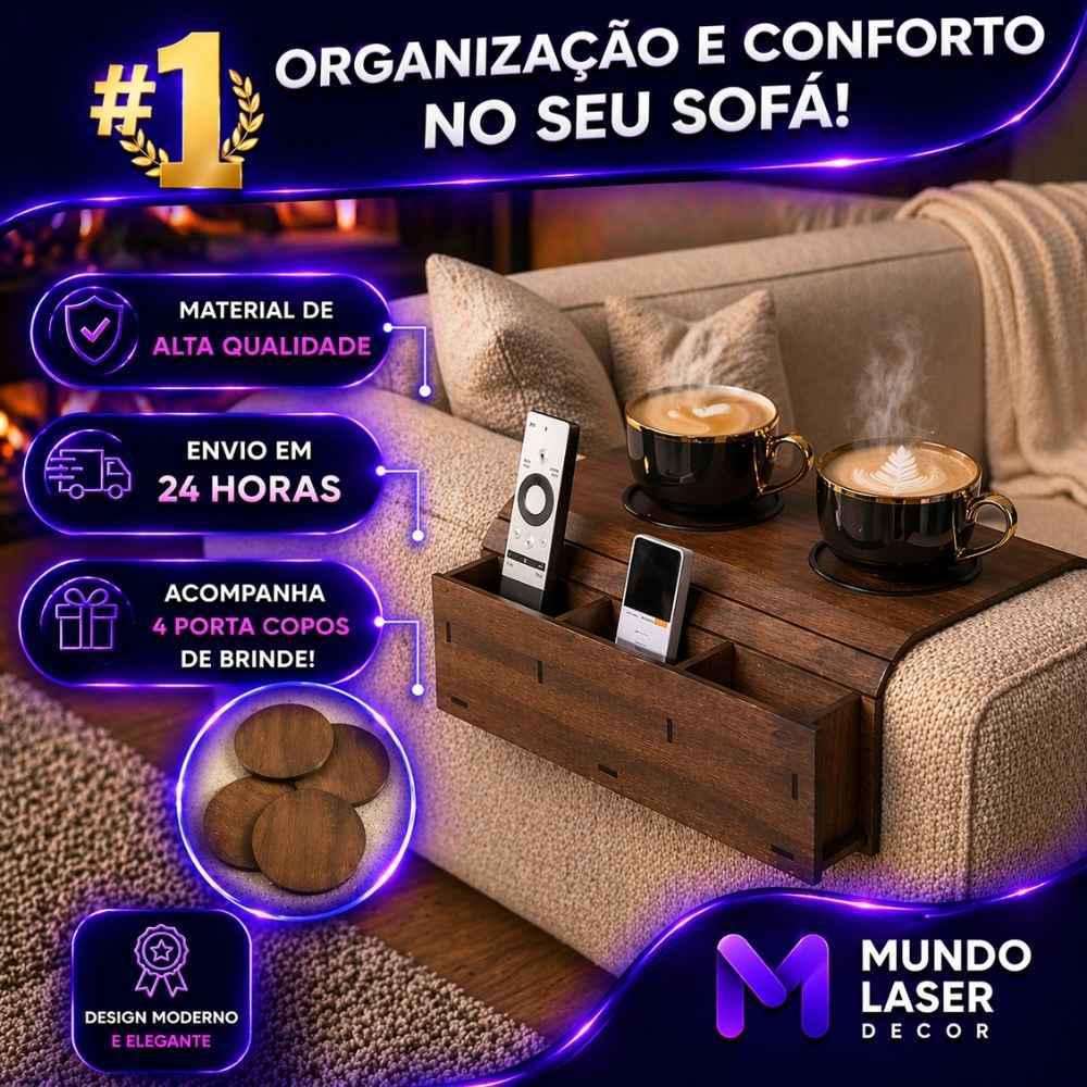 Esteira Suporte Porta Controle e Copos Para Sofá